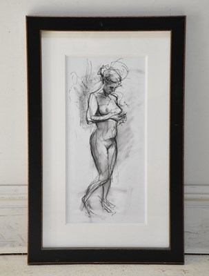 Lot 1698 - ROB POINTON; pencil/charcoal, nude standing...