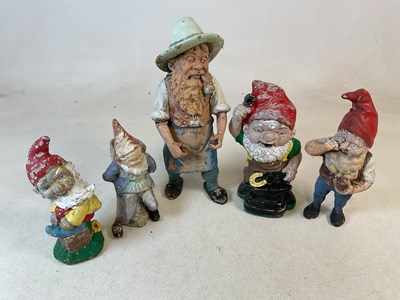 Lot 854 - Five garden gnomes, tallest 46cm. Three cast...