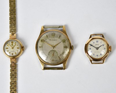 Lot 1053 - CYMA; a 9ct gold wristwatch, the dial set with...