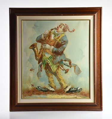 Lot 1316 - UNATTRIBUTED; oil on canvas, clown playing...