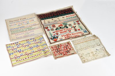 Lot 1225 - A collection of five 19th century samplers,...