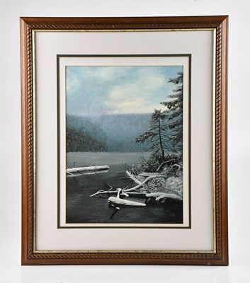 Lot 1395 - J P; oil on board, winter lake scene, signed...