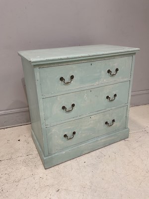 Lot 154 - A painted pine chest of three drawers, height...