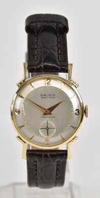 Lot 1511 - GRUEN; a gentleman's 14K gold cased wristwatch,...