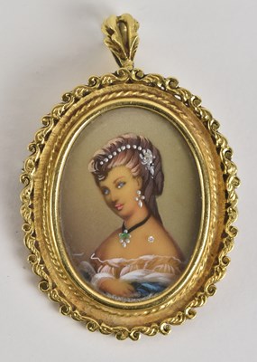 Lot 1385 - A 19th century oval painted miniature brooch,...