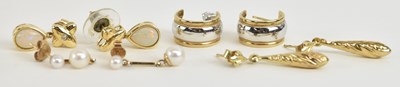 Lot 1374 - Five pairs of 9ct gold earrings, combined...