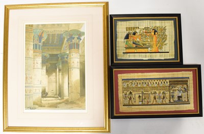 Lot 366 - Two papyrus paintings, one depicting three...