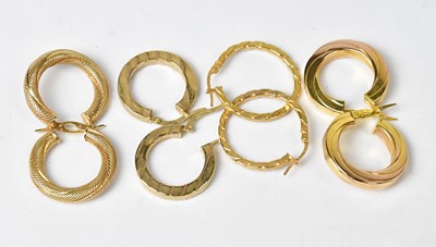 Lot 936 - Four pairs of 9ct gold hoop earrings, approx....