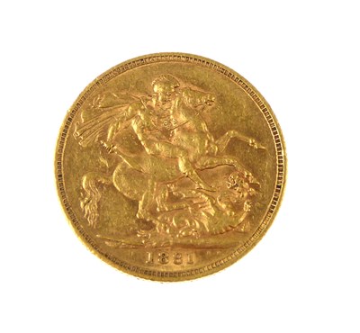 Lot 875 - A Victorian full sovereign, 1881, young head,...