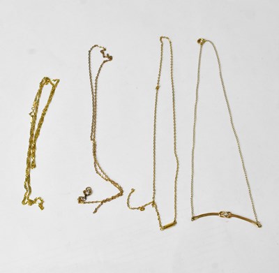 Lot 911 - Four 9ct gold chain necklaces (2 broken),...
