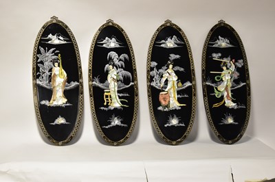Lot 199 - Four Japanese lacquered shibayama panels of...