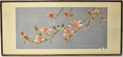 Lot 130 - A Chinese silk embroidered picture of birds in...