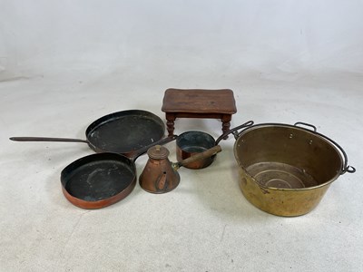 Lot 84 - Two copper pan lids, a brass preserve pan, a...