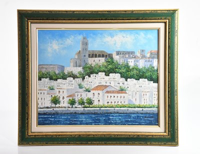 Lot 1255 - PAUL HUNTER; oil on canvas, riverside village...