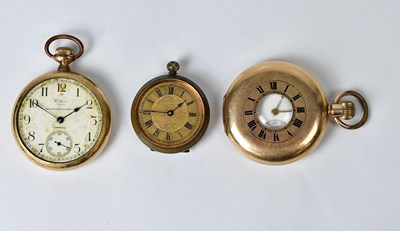 Lot 1041 - Three gold-plated pocket and fob watches,...