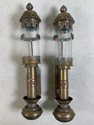 Lot 30 - A pair of brass wall mounted lamps bearing GWR...