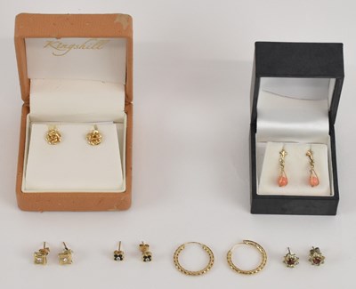 Lot 1367 - Five pairs of 9ct yellow gold earrings...