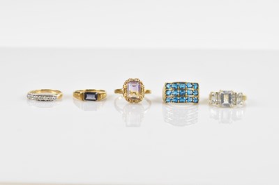 Lot 599 - Three 9ct yellow gold dress rings, sizes N, R...