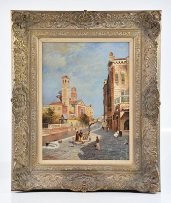 Lot 1708 - N ROSSI; oil on board, Venetian scene with...