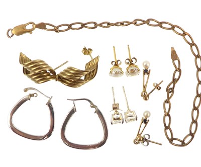 Lot 1043 - Five pairs of gold and other earrings, to...