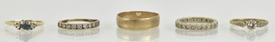 Lot 1227 - Five 9ct yellow gold dress rings comprising a...