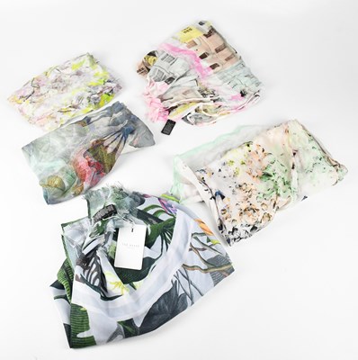 Lot 1272 - TED BAKER; five scarves comprising a 100% silk...