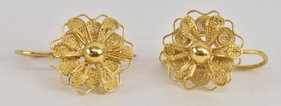 Lot 1368 - A pair of yellow metal floral filigree...