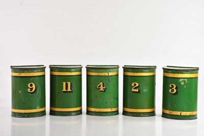 Lot 237 - Five Victorian green and gilt painted toleware...
