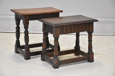 Lot 1173 - Two 17th century style oak joint stools, the...