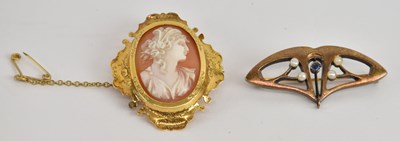 Lot 1395 - A 14ct yellow gold sapphire and seed pearl set...