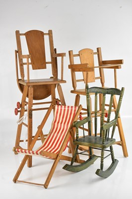 Lot 672 - Two metamorphic doll's high chairs, height...