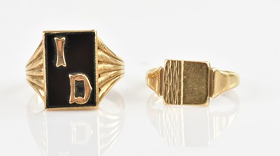 Lot 1557 - Two 9ct yellow gold signet rings, one...