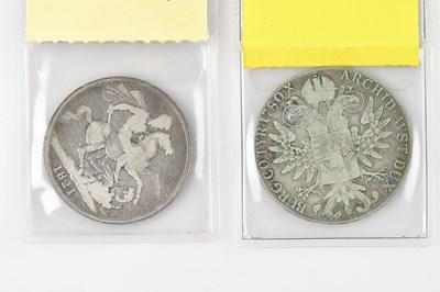 Lot 1594 - A George IV silver crown, dated 1821, togther...