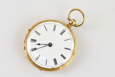 Lot 1137 - A yellow metal key wind open faced fob watch,...