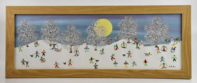 Lot 144 - GORDON BARKER; oil, 'Moonlight Snow', 20 x...