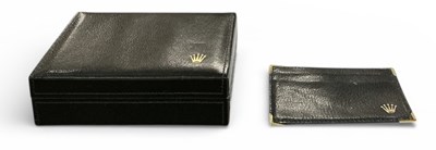 Lot 1544 - ROLEX; a vintage black leather wristwatch box,...