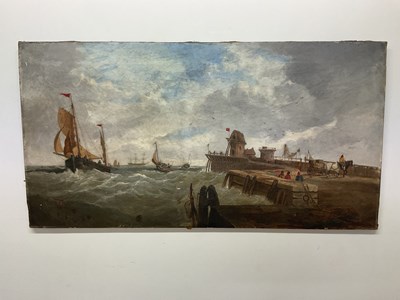 Lot 309 - UNATTRIBUTED; oil on canvas, old harbour scene,...