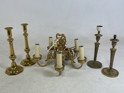 Lot 437 - A pair of brass candlesticks, height 30cm,...