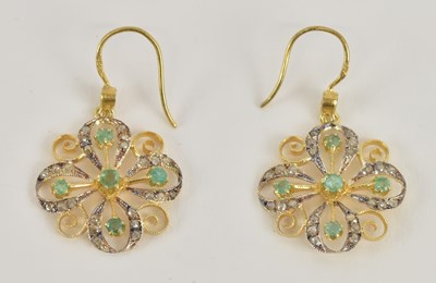 Lot 1369 - A pair of 925 silver gilt emerald and diamond...