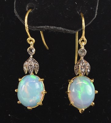 Lot 1370 - A pair of 925 silver gilt opal and diamond set...