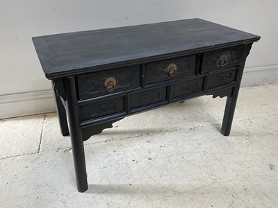 Lot 356 - A black painted three drawer Chinese desk,...