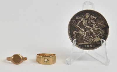 Lot 1205 - A 9ct yellow gold signet ring (cut), a further...