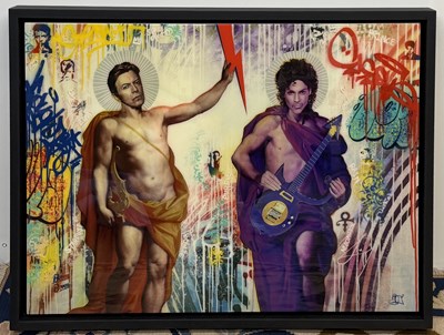 Lot 163 - SRINJOY; mixed media, 'Bowie & Prince', signed...