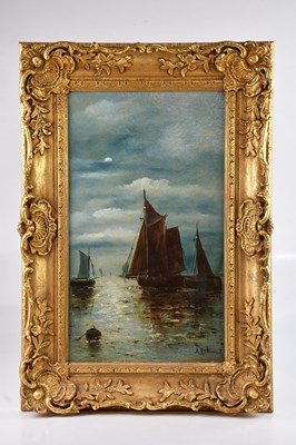 Lot 1657 - A RUBENI; oil on board, ships at night, signed...