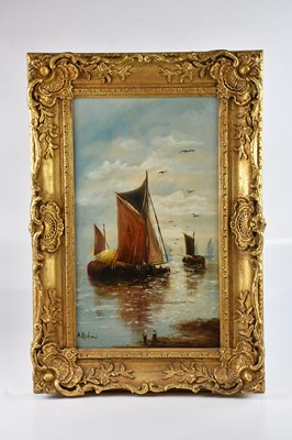 Lot 1658 - A. RUBENI; oil on board, fishing boat scene,...