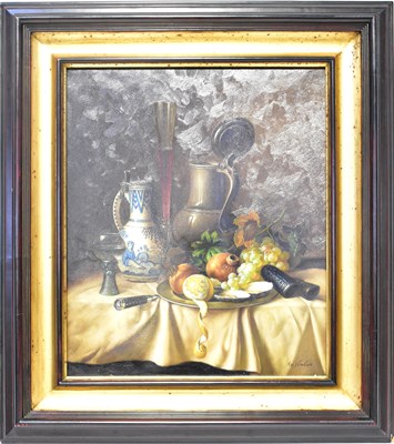 Lot 325 - G VROLUK; oil on canvas, a Dutch style still...