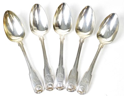 Lot 585 - Five George III spoons with initial 'A' to...