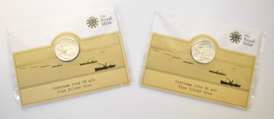 Lot 639 - THE ROYAL MINT; two 2014 999 fine silver £20...