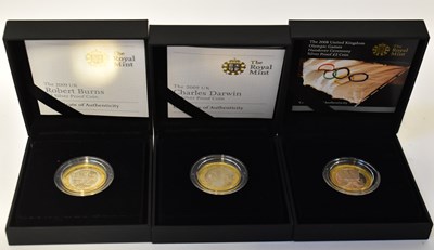Lot 628 - THE ROYAL MINT; three silver proof £2 coins,...