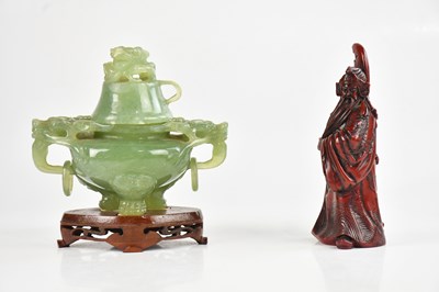Lot 371 - A mid 20th century carved jade censer, on...